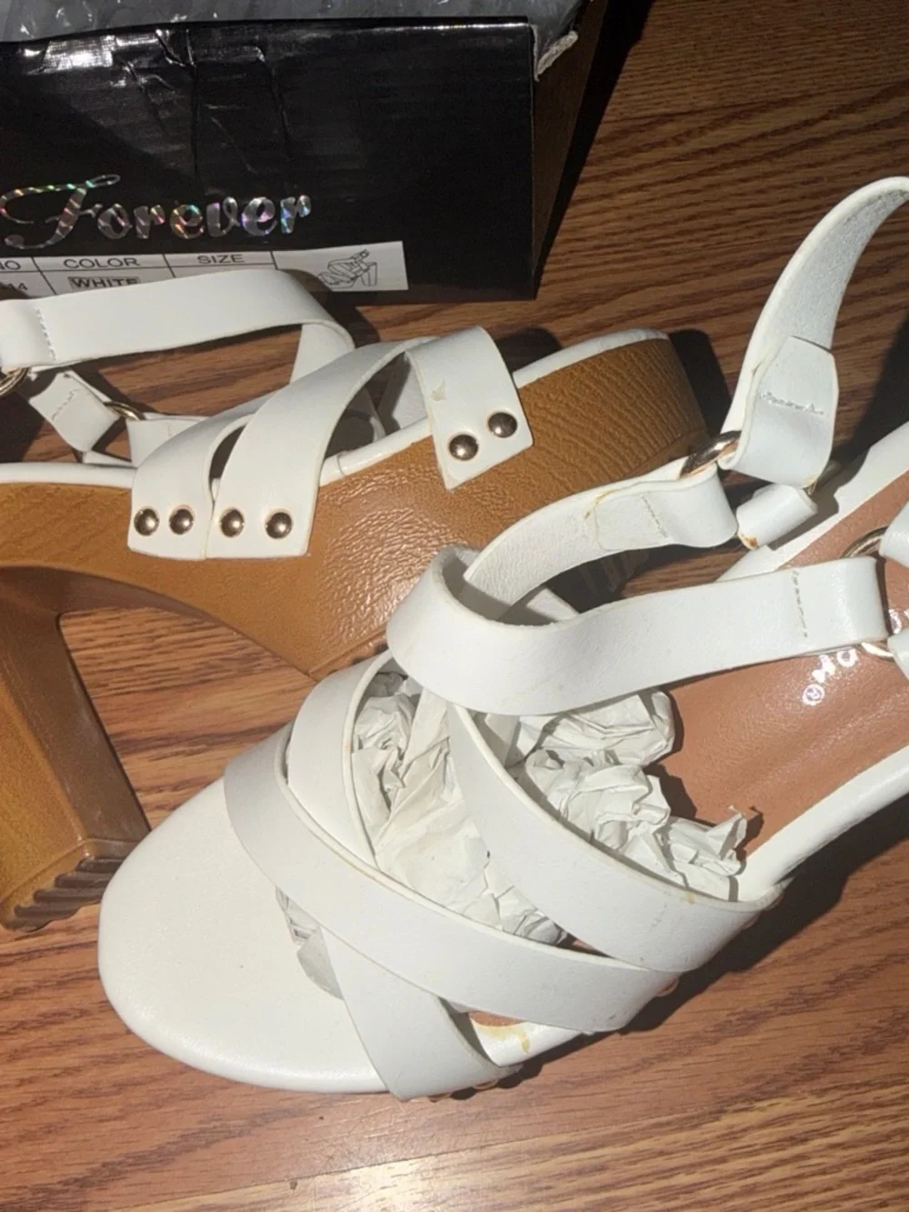 Forever 21 White Strappy Platform Heels with Tan Wood-look Sole